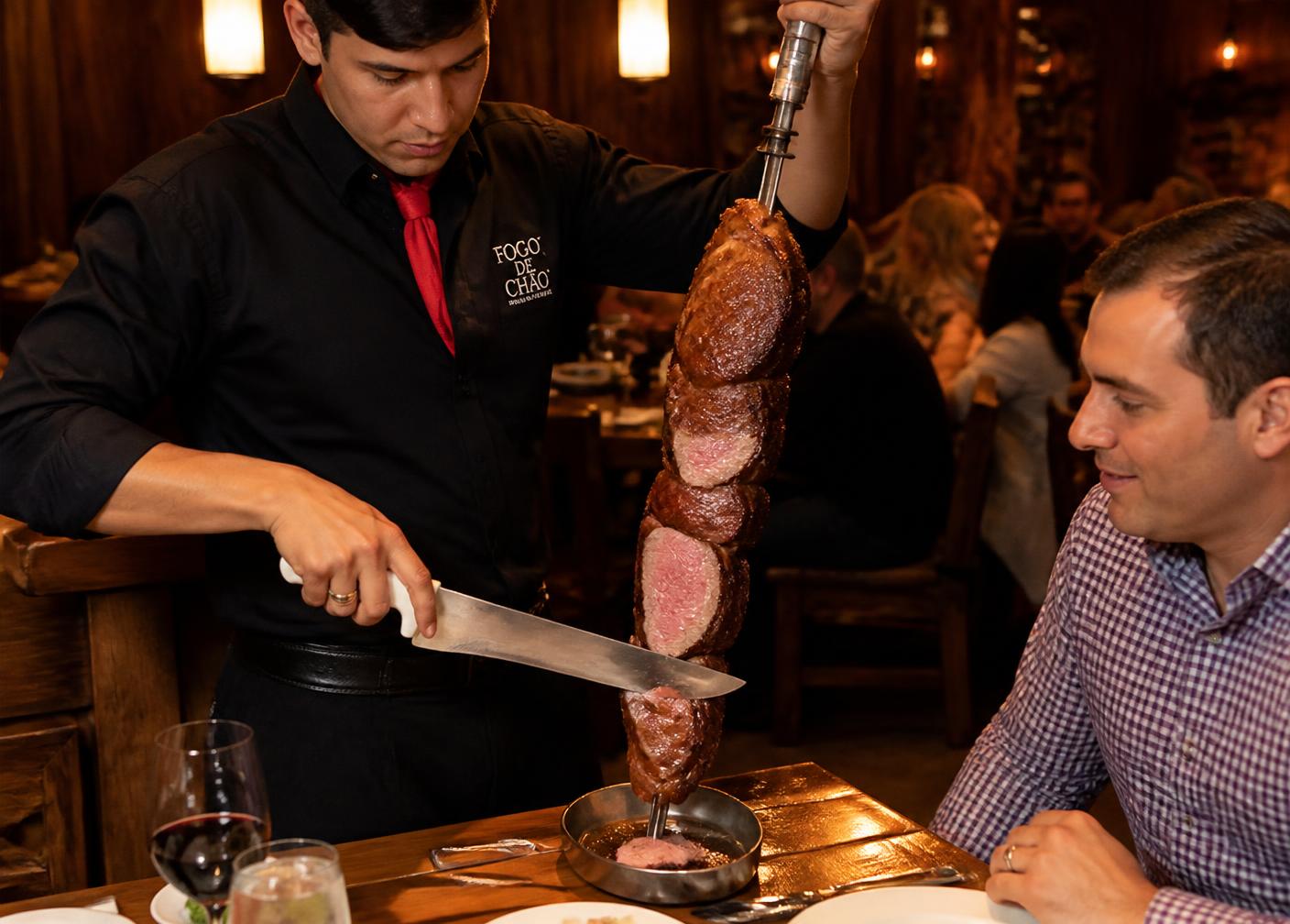 Atendente cortando carne do espeto diretamente no prato do cliente