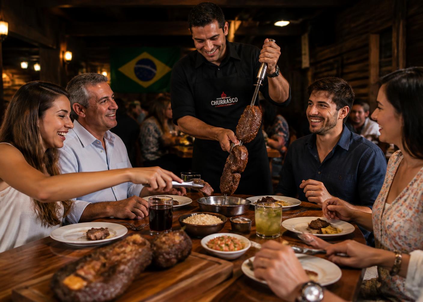 Família reunida à mesa sendo servida com espeto corrido